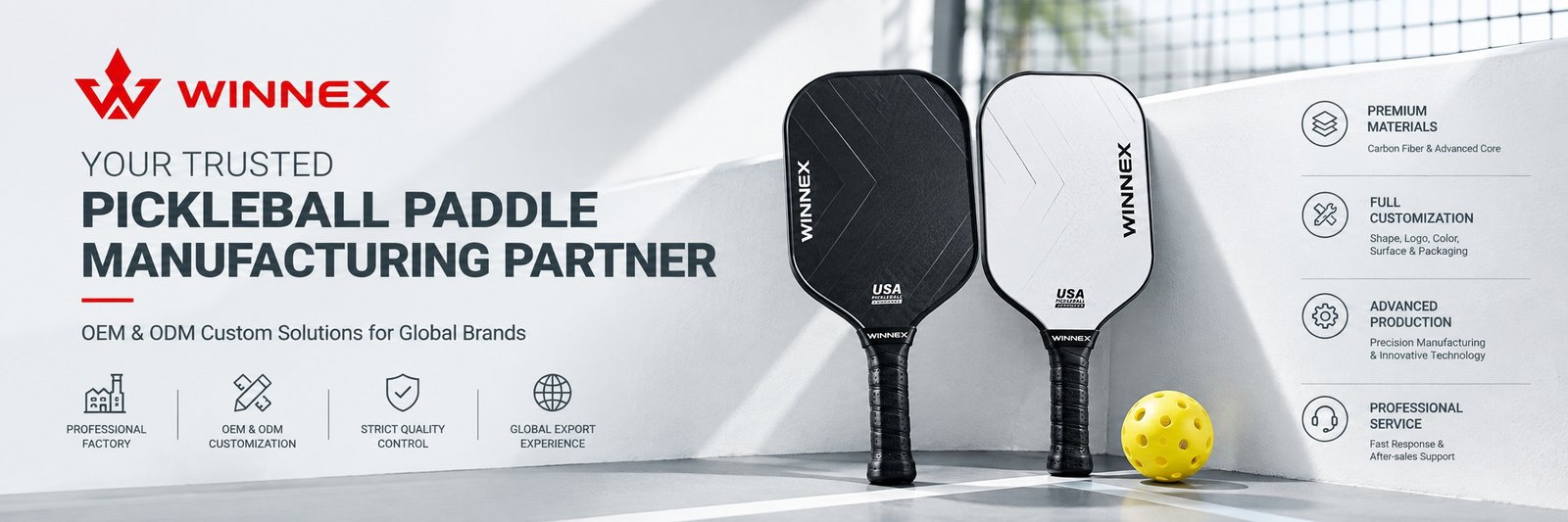 WINNEX, your trusted pickleball paddle manufacturing partner: OEM and ODM custom solutions for global brands — professional factory, OEM and ODM customization, strict quality control and global export experience