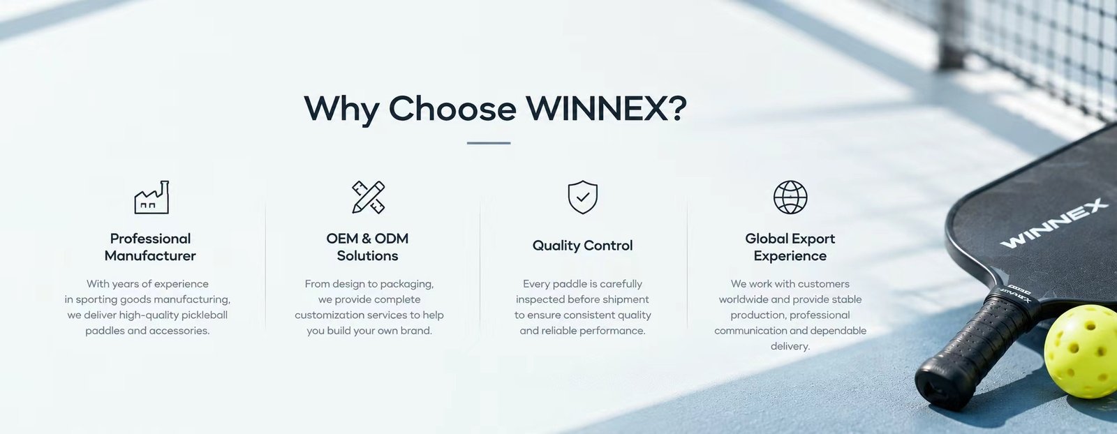 Why choose WINNEX: professional pickleball paddle manufacturer, OEM and ODM solutions, quality control on every paddle before shipment, and global export experience