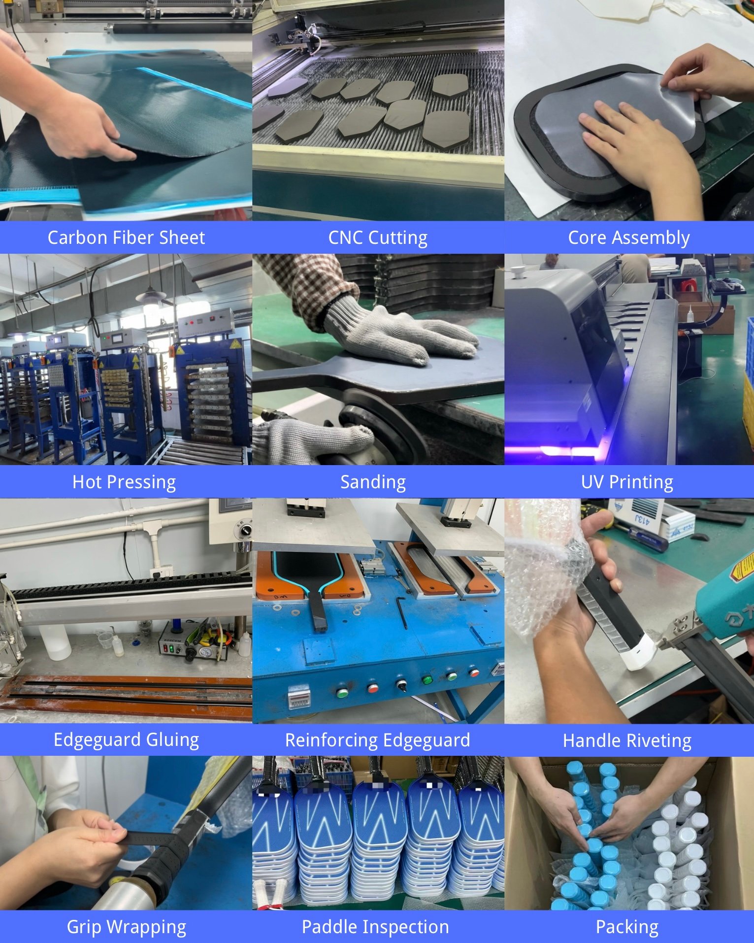 WINNEX pickleball paddle manufacturing process in 12 steps: carbon fiber sheet, CNC cutting, core assembly, hot pressing, sanding, UV printing, edgeguard gluing, reinforcing edgeguard, handle riveting, grip wrapping, paddle inspection, packing