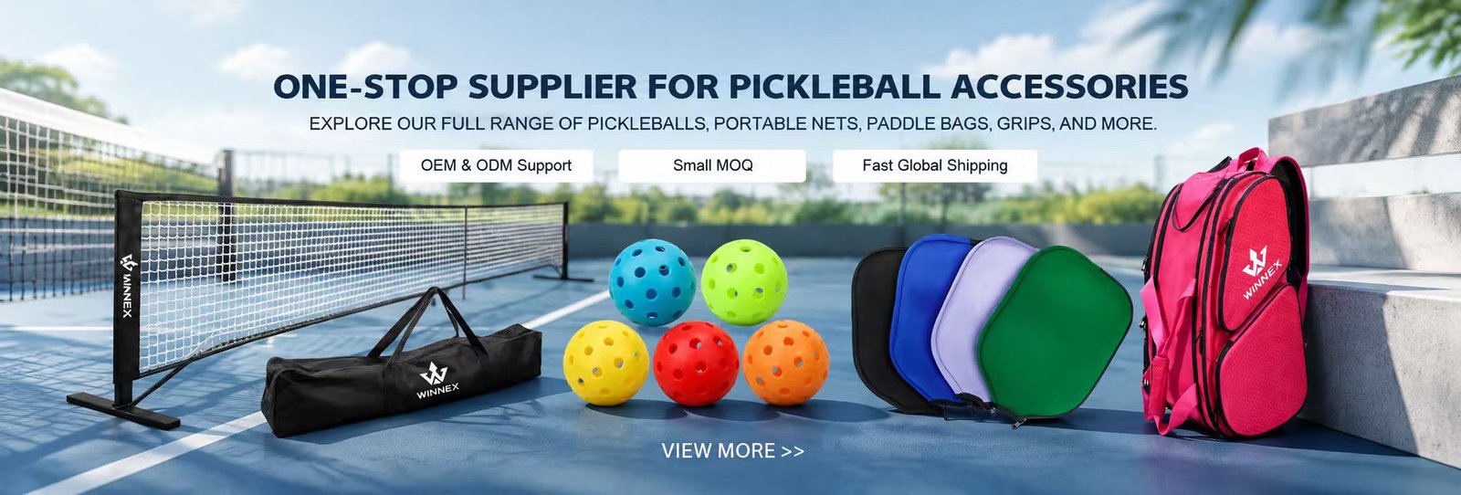 One-stop supplier for pickleball accessories: pickleballs, portable nets, paddle bags, grips and more — OEM and ODM support, small MOQ, fast global shipping