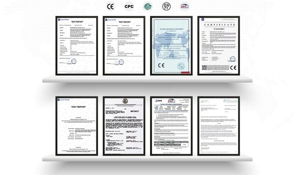 WINNEX pickleball products certifications and test reports: CE marking, CPC children's product certificate, ASTM testing, TUV Rheinland, SGS and USA Pickleball test reports, declaration of conformity and ISO certification